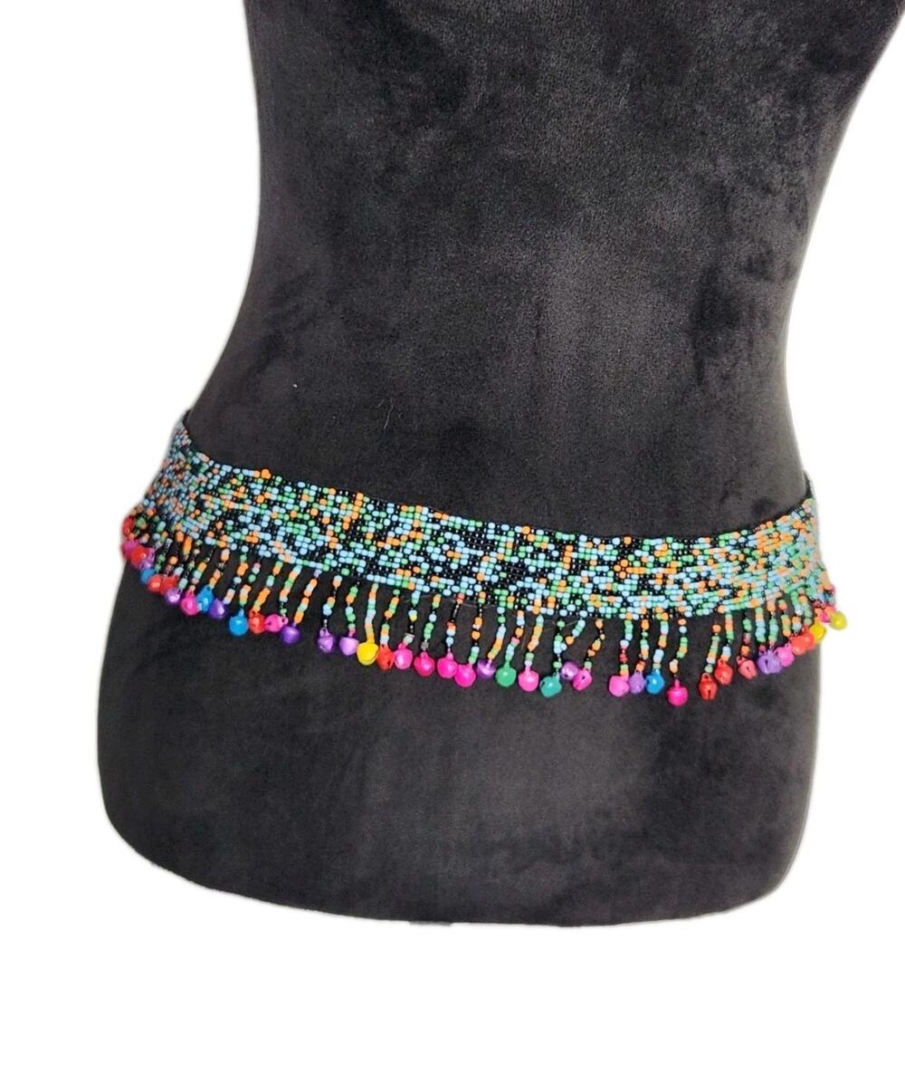 Vintage Unbranded Multicolor Tie Beaded Belt With Fringes & Bells 28-38 In Boho
